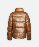 back of a bronze-colored, insulated jacket with a front zipper and fleece lining, displayed on a white background.