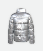 back of a silver-colored, insulated jacket with a front zipper and fleece lining, displayed on a white background.