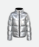 A silver-colored, insulated jacket with a front zipper and fleece lining, displayed on a white background.