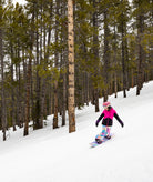 Person snowboarding through a snowy forest