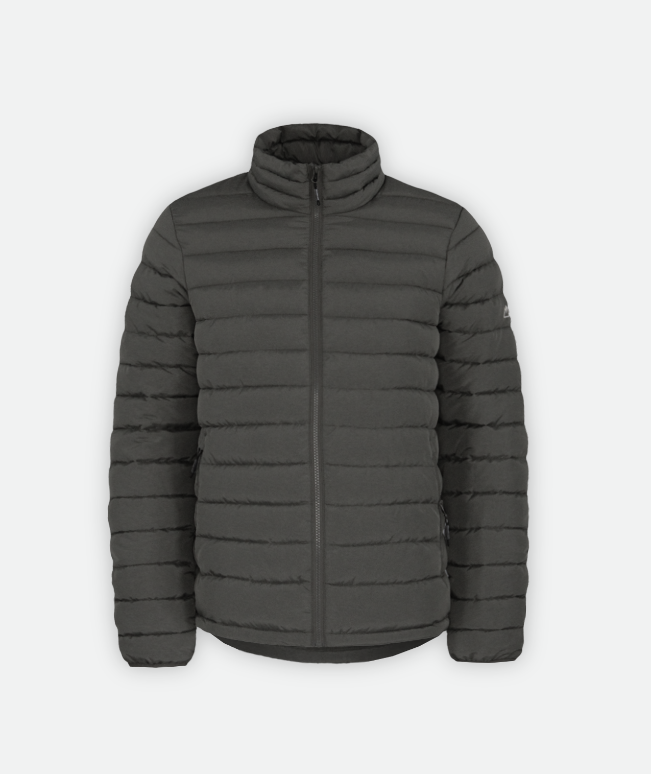 Gray Puffy Jacket with a gray zipper on a white background