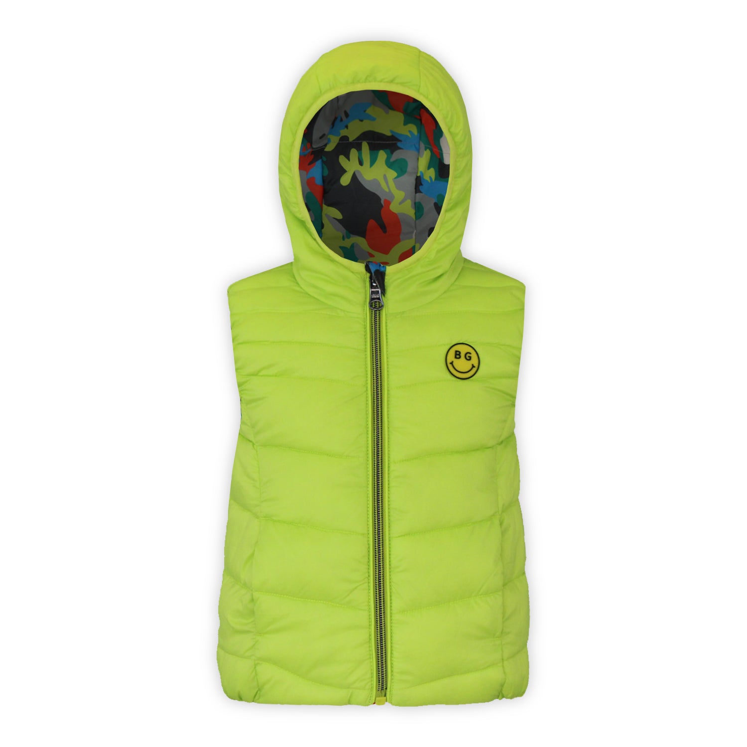 lime green puffy vest with multi colored camo pattern inside hood and small yellow smiley face patch on a white background