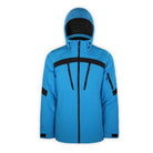 a bright blue ski jacket with black accents and hood on a white background