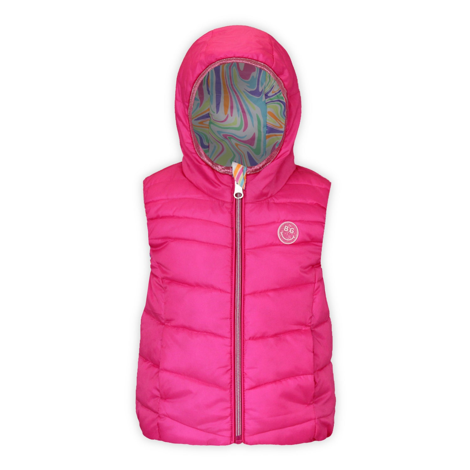 pink puffy vest with multi colored swirl patterned inside hood and small clear sparkly smiley face patch on a white background