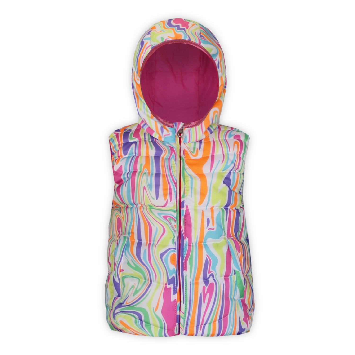 multi colored swirl patterned vest with hood on a white background
