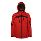 a red ski jacket with black accents and hood on a white background