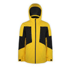 a yellow and black jacket with hood on a white background