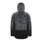 back of a abstract patterned and gray and black jacket with hood on a white background