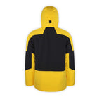 back of a yellow and black jacket with hood on a white background