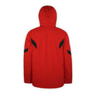back of a red ski jacket with black accents and hood on a white background