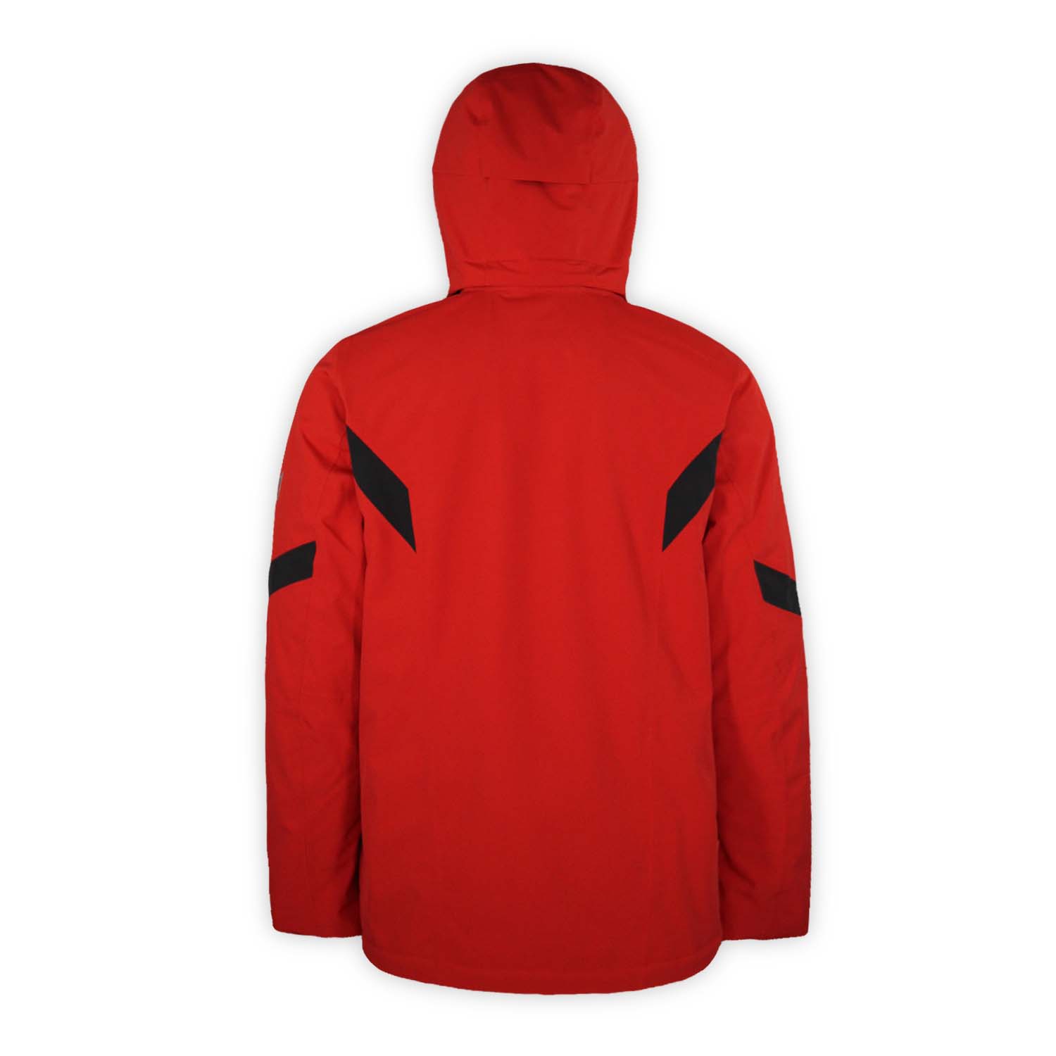 back of a red ski jacket with black accents and hood on a white background