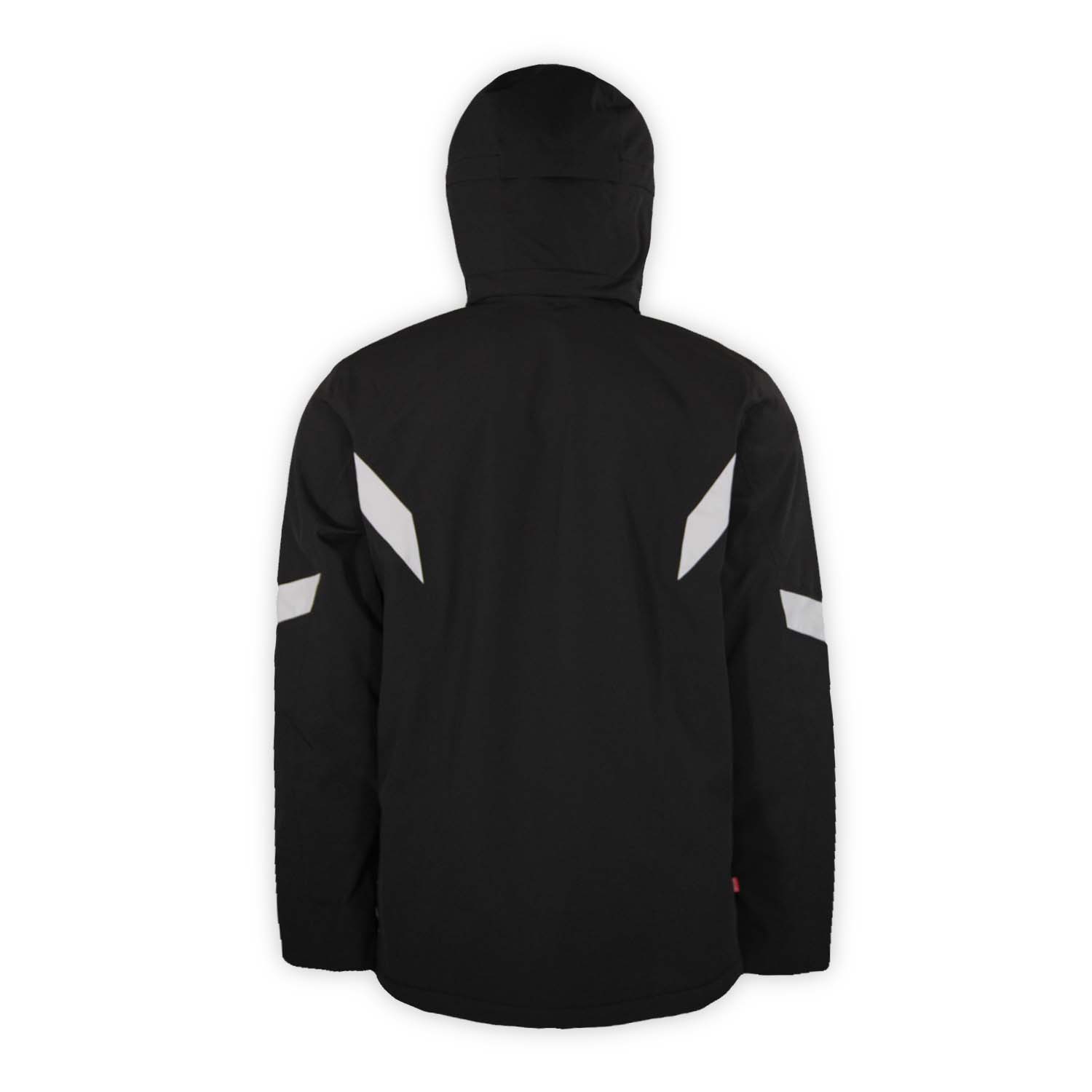 back of a black ski jacket with white accents and hood on a white background