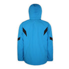 back of a bright blue ski jacket with black accents and hood on a white background