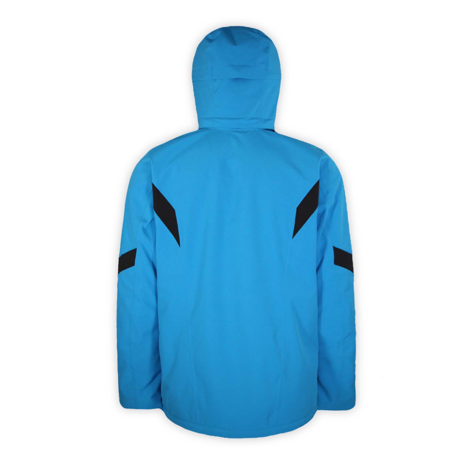 back of a bright blue ski jacket with black accents and hood on a white background