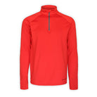 red quarter zip long sleeve top on white background