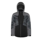 a abstract patterned and gray and black jacket with hood on a white background