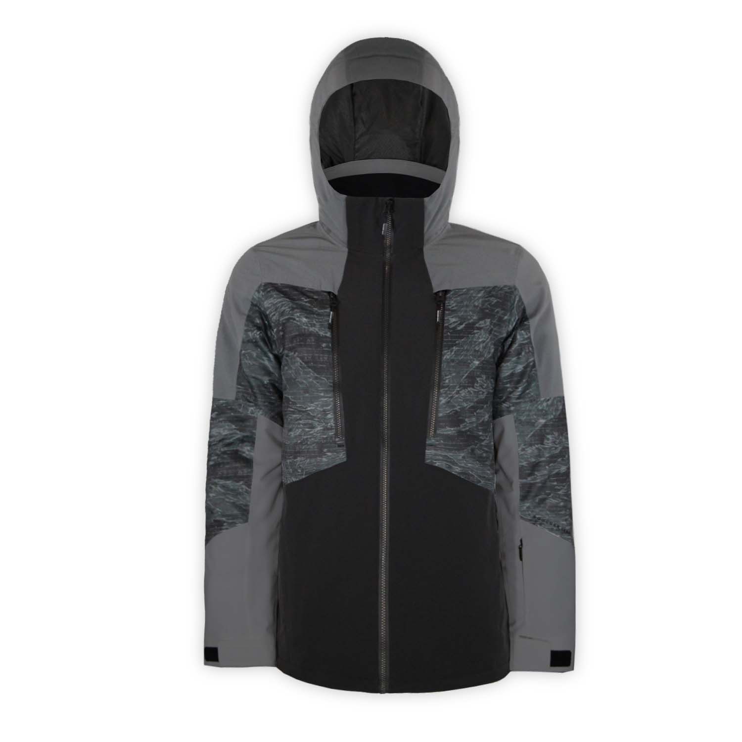 a abstract patterned and gray and black jacket with hood on a white background