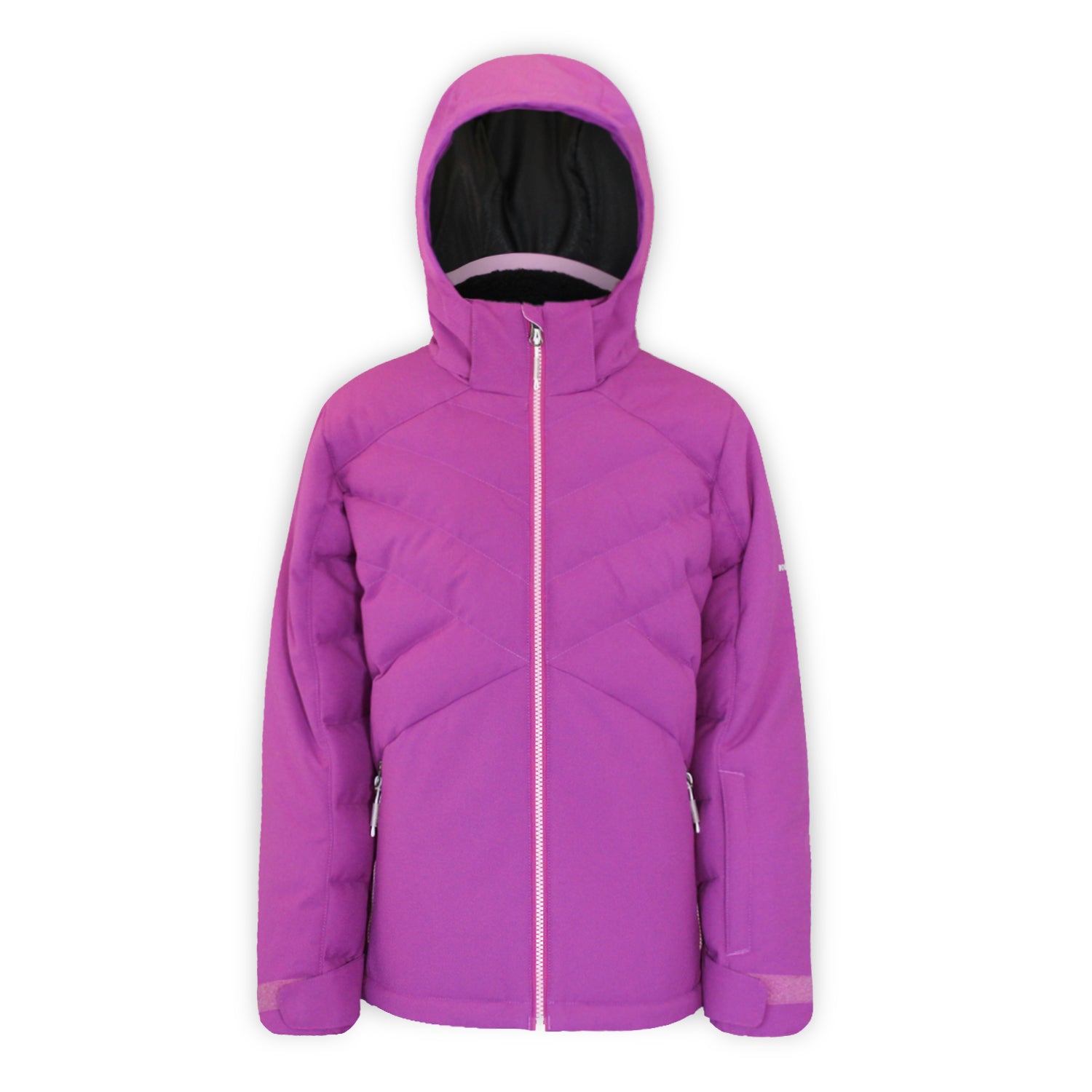 A youth-sized purple quilted jacket with a hood on a white background
