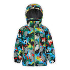 a multi colored camo print insulated jacket with hood on a white background