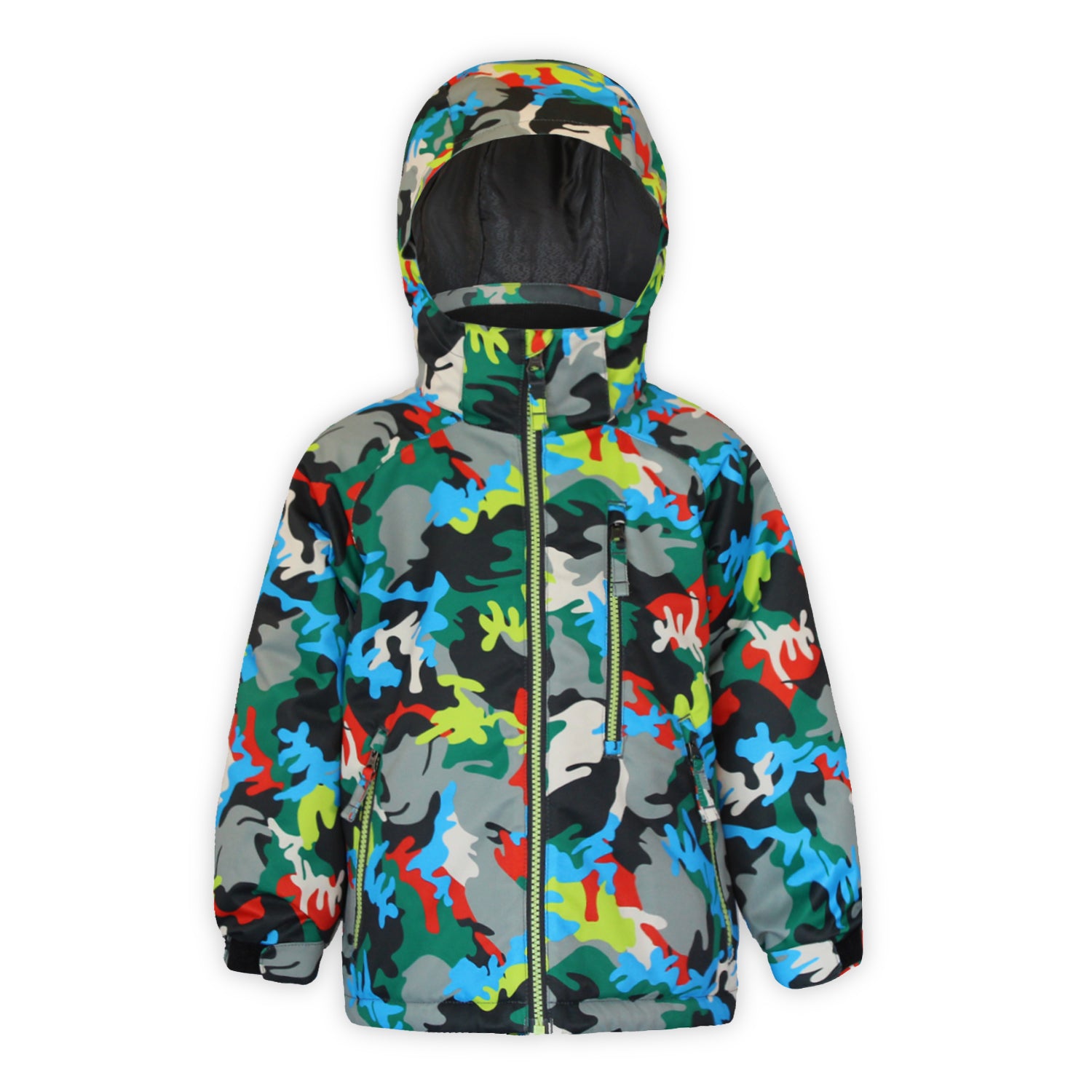 a multi colored camo print insulated jacket with hood on a white background