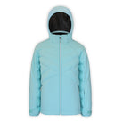 A youth-sized light blue quilted jacket with a hood and a white zipper on a white background