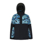 a youth jacket in blue camo and black with hood on a white background