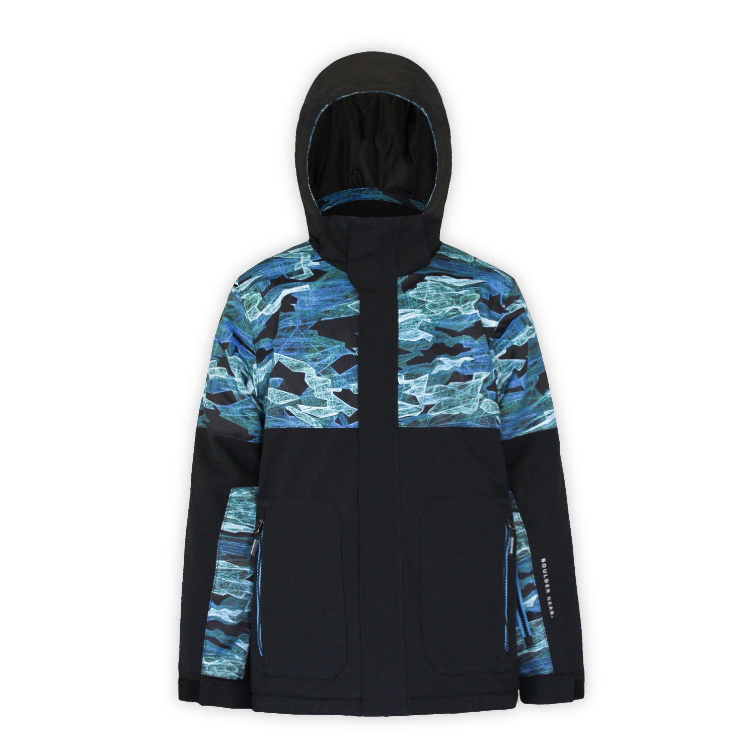 a youth jacket in blue camo and black with hood on a white background