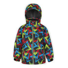 a multi colored patterned insulated jacket with hood on a white background