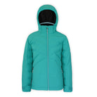 A youth-sized green quilted jacket with a hood on a white background
