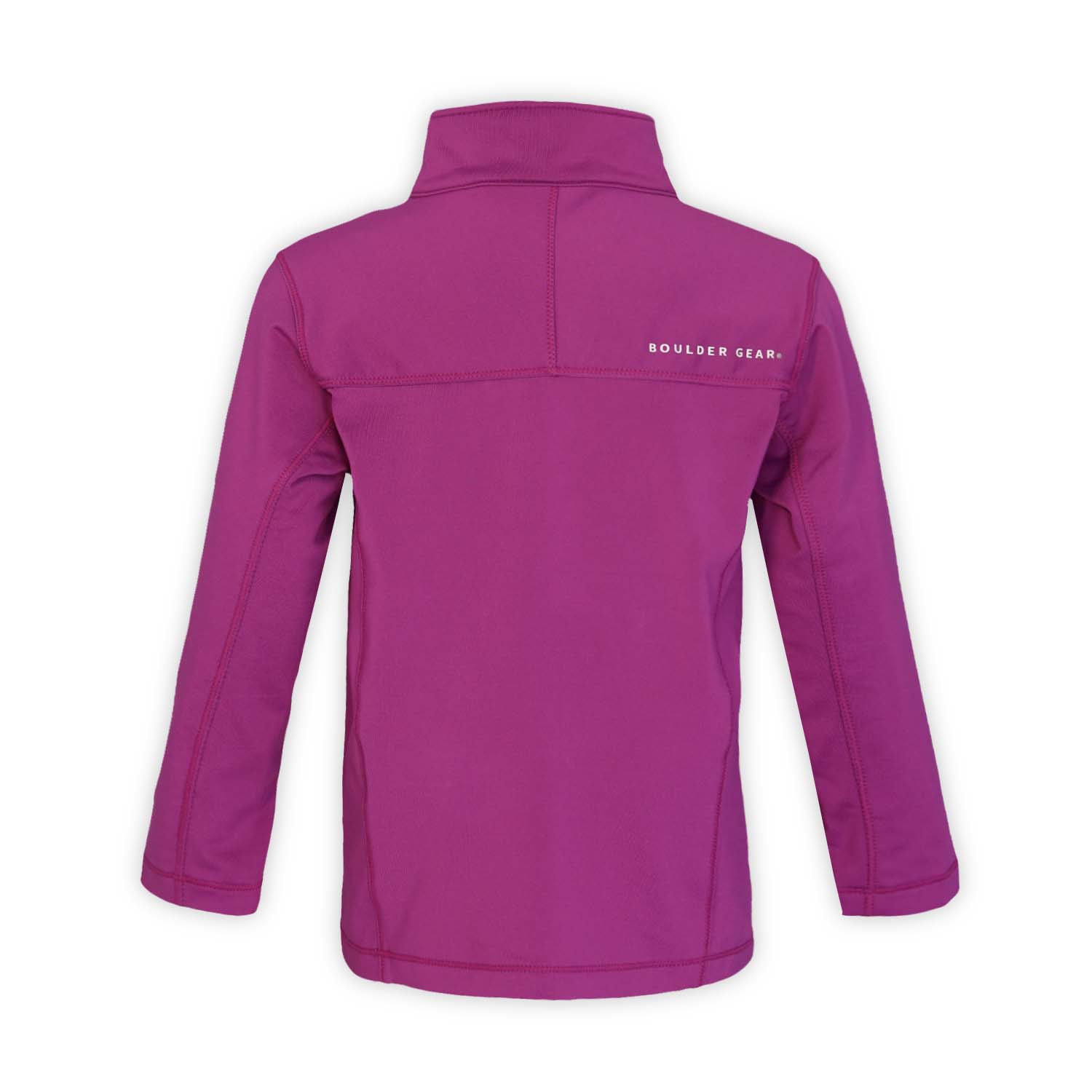 back of a purple quarter zip jersey fleece top on a white background