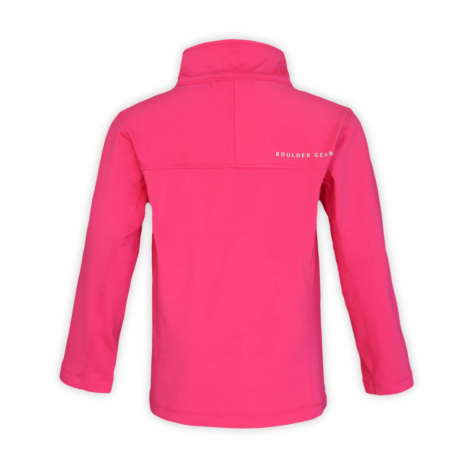 back of a pink quarter zip jersey fleece top on a white background