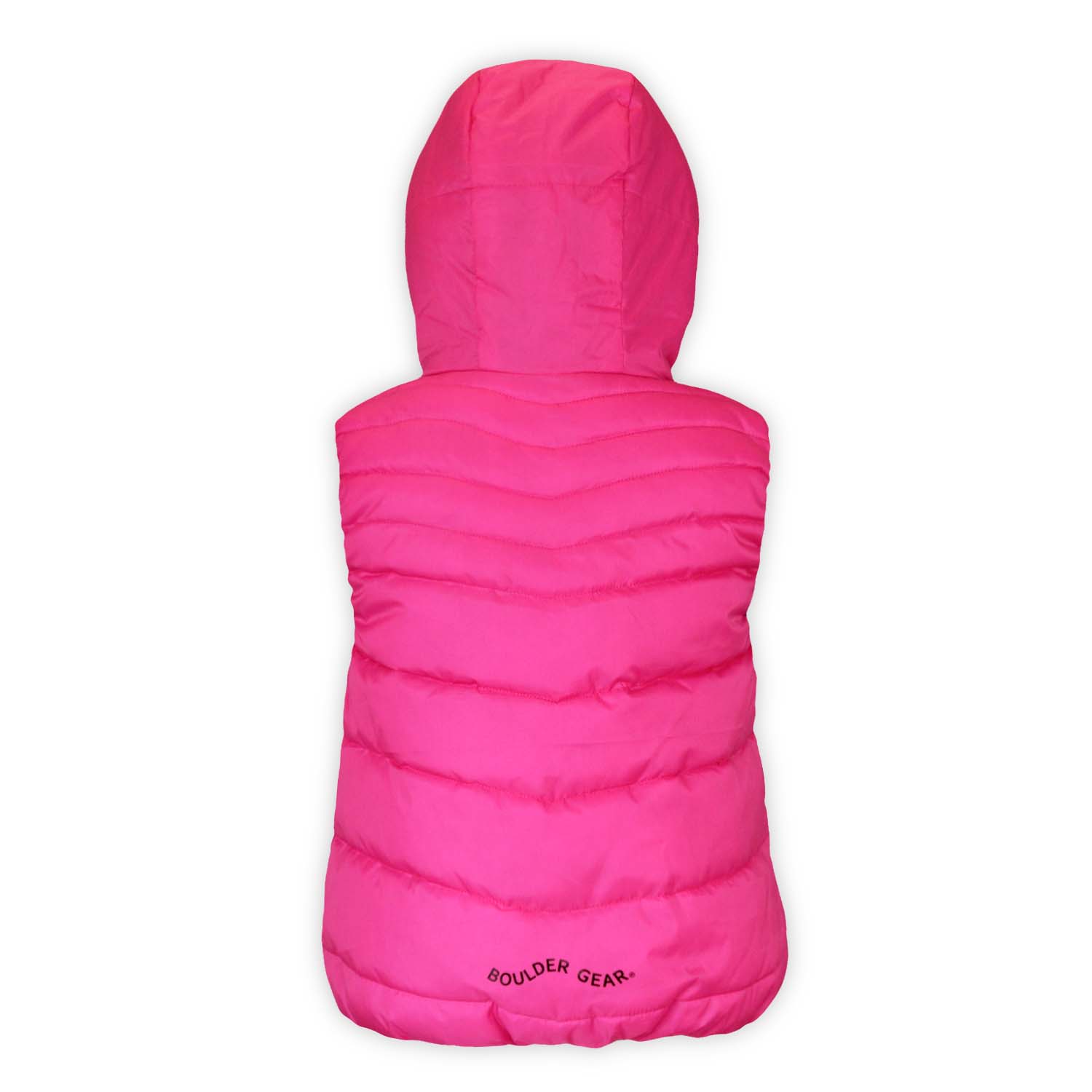 pink puffy vest with hood on a white background