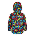 back of a multi colored patterned insulated jacket with hood on a white background