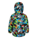 back of a multi colored camo print insulated jacket with hood on a white background