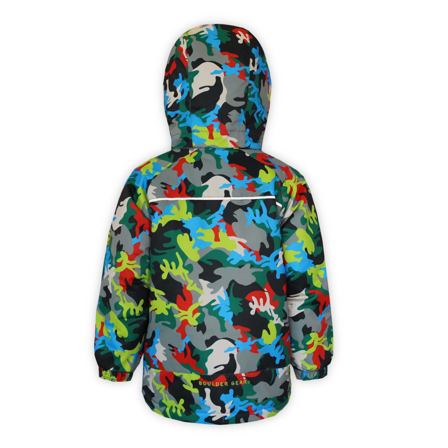 back of a multi colored camo print insulated jacket with hood on a white background