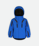 a blue and black kids jacket with hood on a white background