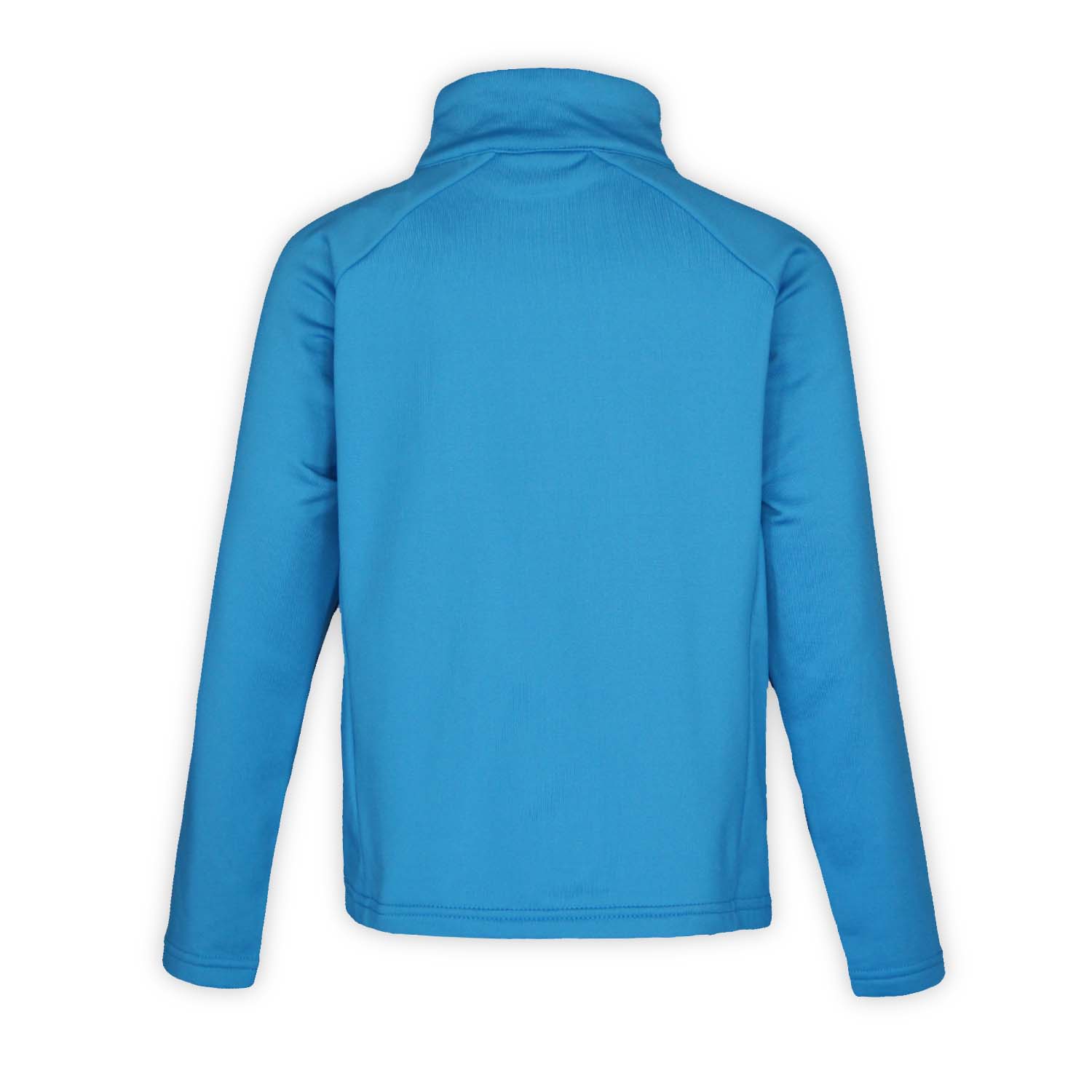 back of blue quarter zip with long sleeves on a white background