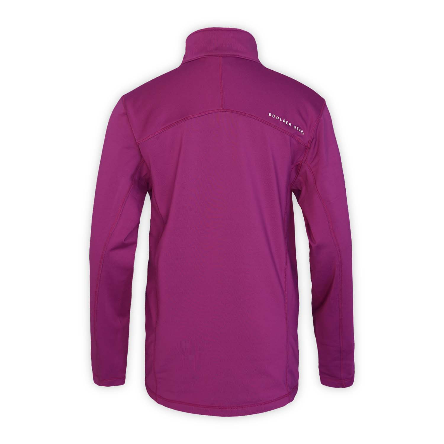 back of a plum colored quarter zip top on a white background