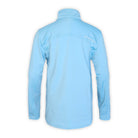 back of a blue quarter zip top on a white background
