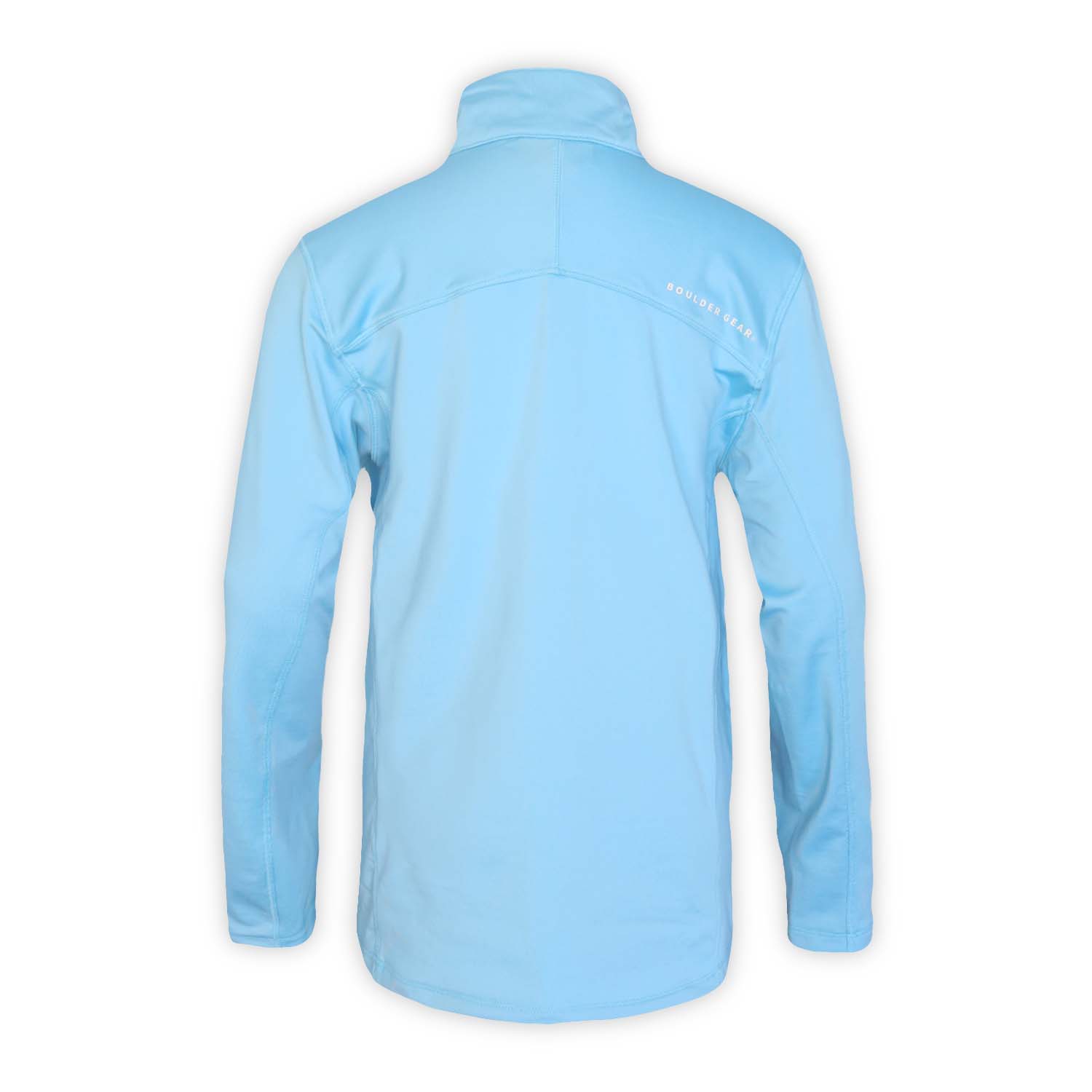 back of a blue quarter zip top on a white background