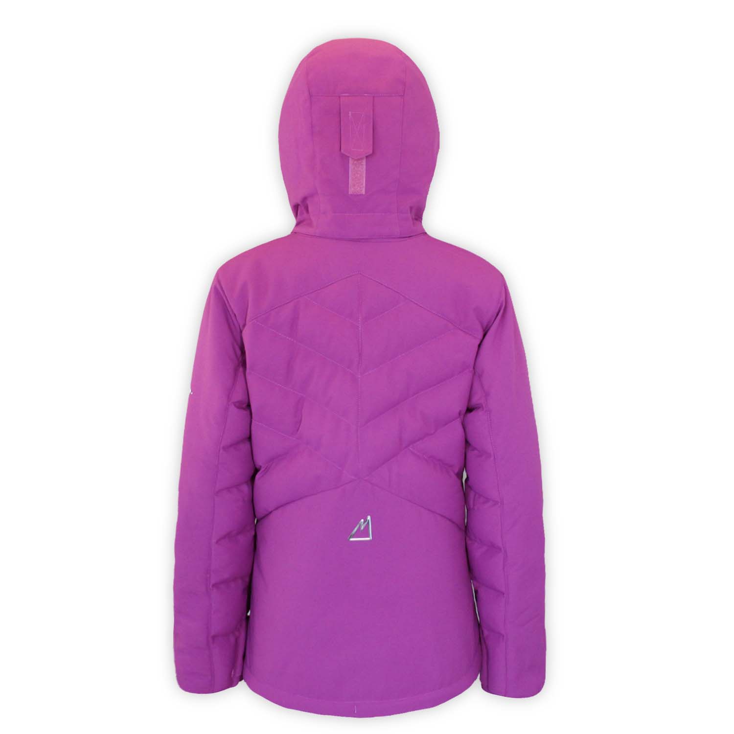 back of a youth-sized purple quilted jacket with a hood on a white background