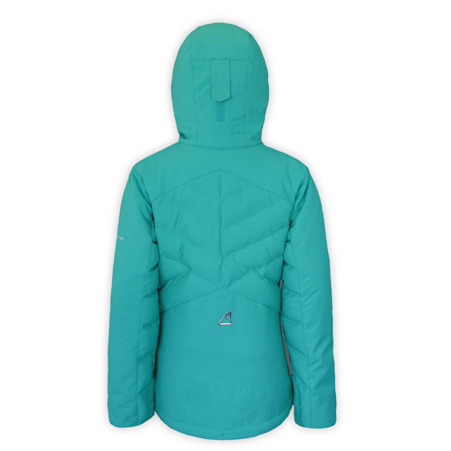 back of a youth-sized green quilted jacket with a hood on a white background
