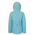 back of a youth-sized light blue quilted jacket with a hood and a white zipper on a white background