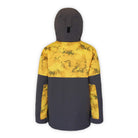 back of a youth jacket in yellow camo and gray with hood on a white background
