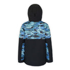 back of a youth jacket in blue camo and black with hood on a white background